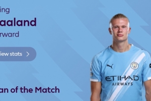 解锁英超百球+造3球！英超官方：哈兰德当选富勒姆vs曼城全场MVP